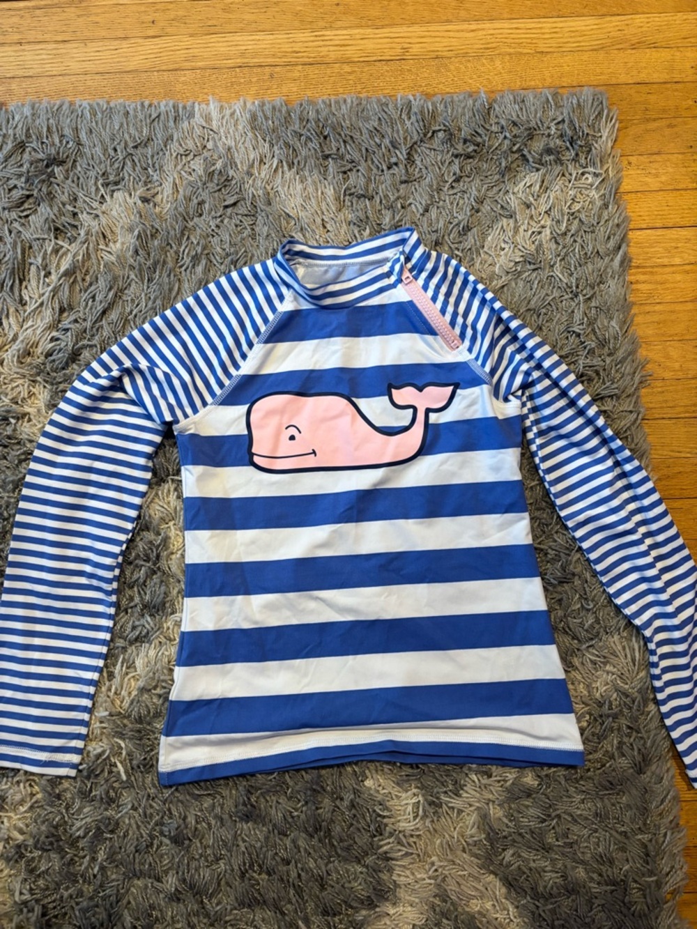 Vineyard Vines Blue & White Striped Kids Rashguard with Pink Whale
